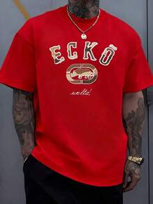 The Iconic ECKO Unltd Graphic Features A Bold Rhino Emblem With Urban Camouflage Lettering Symbolizing Strength Individuality Urban Culture And Authenticity 220g Tshirt |   Relaxed Fit |   Plus Size - Đỏ - Xem 4