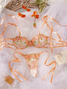 Women'S Sexy Lingerie Set With Double-Color Embroidered Lace Trim, Exotic And Very Sexy Underwear, Adult Novelty Wear, Mature Style, Random Print Pattern, Hollow Details, Lingerie Sets For Women, Lingerie Set With Garter, Exotic Bra, Purple Lingerie Set, Purple Lingerie - Orange - View 2