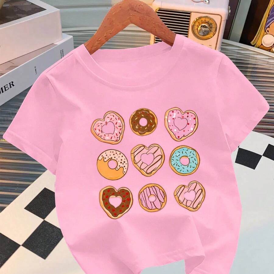 Girls' 100% Cotton Casual T-Shirt With Cute Donut Print, Girls' Blouse, Stock In Brazil - Rosa Pálido - Ver 1
