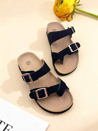 1 Pair Of Girls' Shoes With Khaki Cork Cross Strap Slippers, The Upper Is Made Of Suede Like Material, The Cross Strap And Metal Buckle Adjust The Elasticity, The Open Toe Low Top Style, The Cork Sole Flat Heel, Retro Casual Style, Suitable For Daily Home And Weekend Outdoor Strolling