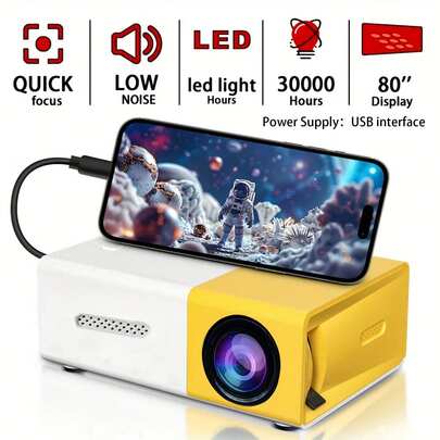 1080P Portable Projector, USB Powered, Built-In Stereo Speakers, Keystone Correction, Remote Control, Compatible With Multiple Devices, Home Cinema & Outdoor Movie Projector To Enhance Your Film, TV And Gaming Experience