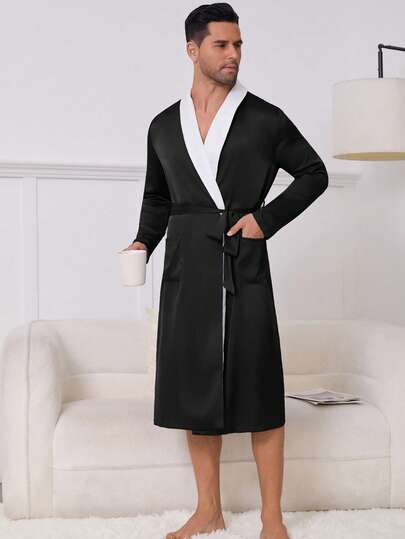 Pyjama long pour homme en satin soyeux, bleu marine avec bordure blanche, design luxueux, taille élastiquée avec cordon de serrage, vêtement d'intérieur confortable, parfait pour les vacances, la Saint-Valentin ou comme cadeau pour votre petite amie, petit ami ou être cher.