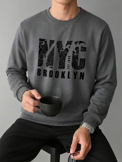 Men's Casual Fashionable Street NYC Print Comfortable Crew Neck Sweatshirt, Spring/Autumn