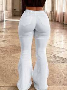 Plus Size Women's Mid-Rise Flared Jeans, Sexy Ripped Elastic Raw Hem Denim Flared Pants, Casual Wear Fashion Trousers,Valentine Outfits For Women - White - View 3