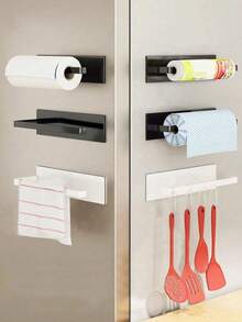 1个厨房纸巾架，无需钻孔，橱柜卷纸收纳架，厨房保鲜膜架，抹布杆，悬挂式置物架，碳钢浴室厨房毛巾架 - 彩色 - 查看 7