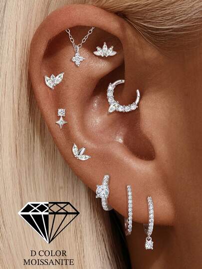 1Pc 925 Sterling Silver Moissanite Classic Geometric Elements Stud Earring Flat Back Cartilage Helix Piercing Suitable For Women For Daily, Dates, Vacation, Wedding, Party, Holiday Gift