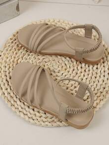 1 Pair Retro Girls' Open Toe Sandals, New Summer Fashion Breathable Slip-On Beach Shoes, Soft Sole Non-Slip - Grey - View 5