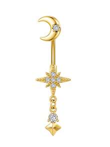 1pc Gold Moon & 8-Pointed Star Navel Ring Pendant, Stainless Steel Classic Belly Button Piercing Jewelry For Daily Wear - Moon Octagram - View 4