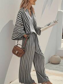 Striped Casual Front Button Loungewear Set - Grey - View 4