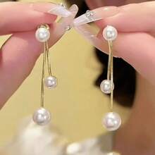 1 par de pendientes de perlas con borlas, pendientes de lujo de alta gama, pendientes de estilo francés versátiles para mujeres, nueva llegada 2026 - Dorado - Ver 5