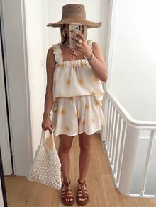 2PCS Women's Summer| Beige Yellow Sun Print Ruffle Spaghetti Strap Top & Shorts - White - View 3