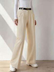 女士百褶阔腿裤配腰带，简约高端休闲通勤裤，春夏 - 卡其色 - 查看 4
