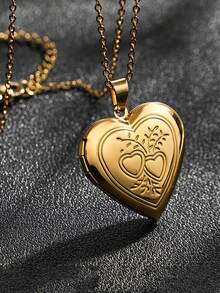 Customizable Photo Personalized Pendant Necklace, Heart-Shaped Pendant Necklace, Customized Heart-Shaped Photo Necklace, Personalized Engraved Necklace, Personalized Photo Necklace, New Nordic Retro Lace Hollow Heart Ribbon Photo Pendant Necklace - Multicolor - View 2