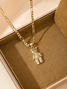 1pc Copper Inlaid Zirconia Cute Playful Swinging Limbs Bear Pendant Necklace, Suitable For Girls/Boys/Family/Friends, Multifunctional, Luxury, Party, Banquet, Holiday, Christmas, Thanksgiving, Halloween, Gift - Yellow Gold - View 4