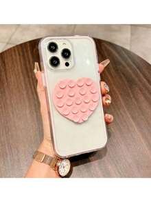 1pc New Ins Style Transparent 2-In-1 Full Cover Pink Shell + Heart-Shaped Suction Cup Stand Back Sticker Dual-Sided Silicone Cute Anti-Slip Korean Minimalist Fashion Phone Case, Shockproof Protection Compatible With IPhone 17 Pro Max/17 Pro/17 Air/17/16 Pro Max/16 Plus/16Pro/16/15 Pro Max/15 Pro/15/14 Pro Max/14Pro /14/13Pro Max/13Pro/13/12Pro Max/12Pro/12/11Pro Max/11 - Pink + Suction Cup - View 1
