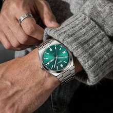 BIDEN 1 chiếc đồng hồ đeo tay nam cao cấp chạy bằng pin thạch anh, đồng hồ thể thao nam chống nước, dạ quang, hiển thị ngày và tuần, dây đeo bằng thép không gỉ, đồng hồ nam + hộp - màu xanh lá - Xem 6