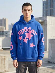 1pcs-Spider Wed Fashion Hip-Hop Printed Flower Hooide European And American Brand Large-Sized Loose Men's And Women's Hooded-280g Pure Heavy 100%Polyester - 藍色 - 查看 1