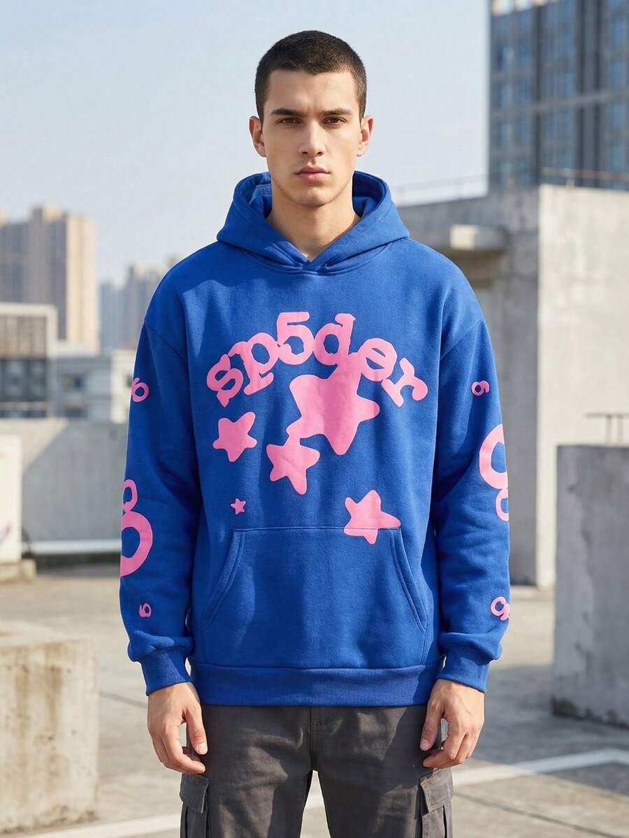 1pcs-Spider Wed Fashion Hip-Hop Printed Flower Hooide European And American Brand Large-Sized Loose Men's And Women's Hooded-280g Pure Heavy 100%Polyester - 藍色 - 查看 1