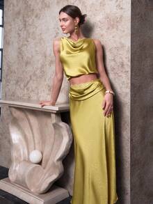 Sollinarry Women's Elegant Sleeveless Draped Top With Contrasting Lace Detail Skirt 2 Pieces Set - Turmeric - View 4