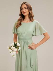 EVERPRETTY Elegant Chiffon Sage Green Bridesmaid Dress, Lantern Sleeve Asymmetric Hem Women's Wedding Guest Long Dress, Wedding Party Banquet Gown - Mint Green - View 9