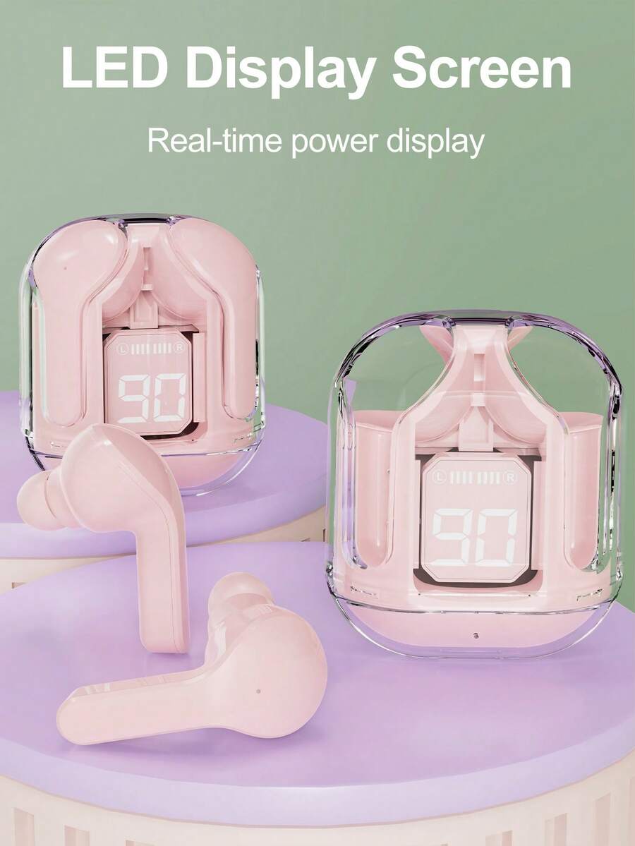 1副透明TWS无线蓝牙耳机，立体声无线耳塞，LED电量显示，Type-C充电盒兼容所有智能手机，适用于游戏、音乐、户外/商务活动，成人适用，电容式麦克风，150mAh可充电电池，锂离子聚合物电池