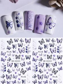 2 piezas Pegatinas de arte de uñas con mariposa y flor en morado y negro, Decoraciones de uñas adhesivas de primavera, Fácil de usar para salón de uñas o en casa - Multicolor - Ver 9