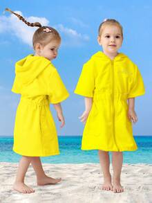 1pc Children's Embroidered Crown Hooded Bathrobe, Zipper Closure Robe, Non-Choking, Super Soft Fiber, Suitable For Multiple Ages, Absorbent, With Pockets, Essential For Home, Beach, Swimming, Showering, Spa, Can Dry Hair & Body, Durable & Reusable - Yellow - View 5