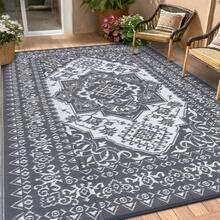 1Pcs Outdoor/Indoor Rug Plastic Straw Area Rug Floral Waterproof PP Tube Woven Picnic Mat For Patio Decor Porch Balcony Picnic Rug - Gray - View 2