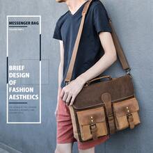 NEWHEY 15.6 Inch Men's Vintage Genuine Leather Large Laptop Briefcase, Waterproof Canvas Messenger Bag, Durable Leather Computer Bag, Brown - Multicolor - View 2