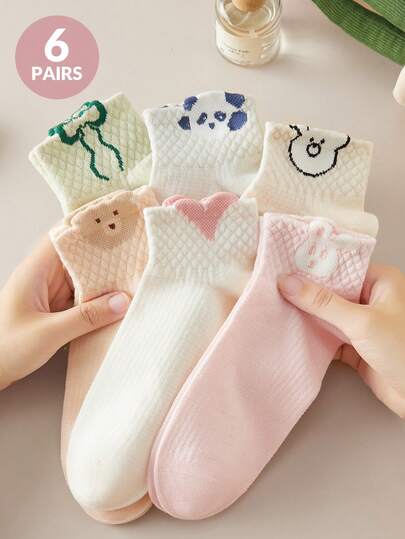 6双女士可爱短袜，饰有蝴蝶结和动物图案，色调柔和，适合日常穿着