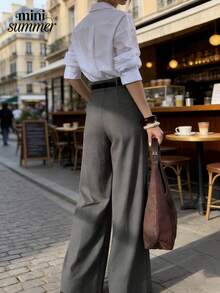 minisummmer Women's New Arrival Spring Summer Gray High-Waisted Drawstring Wide-Leg Tailored Pants - Soft Breathable Flowy Wrinkle-Resistant Elegant Valentine's Day Date Vacation Beach Party Carnival Casual Daily Office Weekend Outfits - Grey - View 8