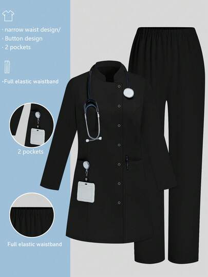 cimmuovere 立领开襟口袋长袖舒适纯色护士/医生/诊所工作服套装 黑色 春季