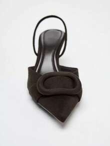 Women's Velvet Effect Embellished Pointed Toe High Heels,Kitten Heels - Coffee Brown - View 4