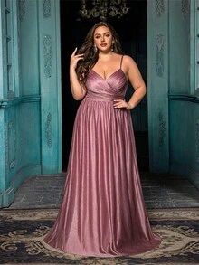 QOQ 优雅气质大码伴娘礼服 时尚正式礼服 适合婚礼、正式活动、婚宴、婚礼派对 莲藕粉色开衩吊带超长连衣裙 - 藕粉色 - 查看 3