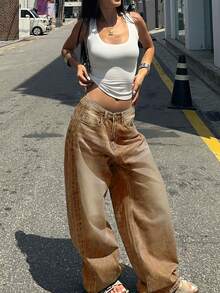 Quần jeans ống đứng màu kaki mài kiểu cổ điển dành cho nữ, thiết kế kiểu Mỹ, dáng rộng thoải mái, ống lửng cho mùa xuân và hè. - Màu Khaki - Xem 5