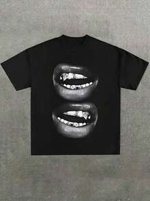 Grill Lips Funny Graphic Tee Shirt, Casual Soft, Pure Cotton 220gsm Pattern Printed T-Shirt - 黑色 - 查看 1