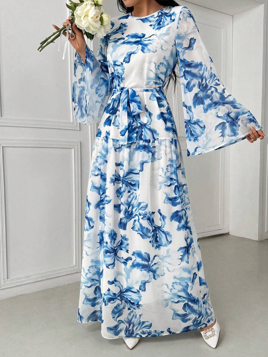 女士优雅印花阿拉伯风格连衣裙 - 彩色 - 查看 1