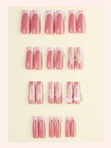 24pcs French Ombre 3D Wavy Floral Bow Rhinestone Design Fashionable Sweet Y2K Style Glossy Square Full Cover False Nails, Suitable For Daily Wear For Women & Girls - Multicolor - View 2