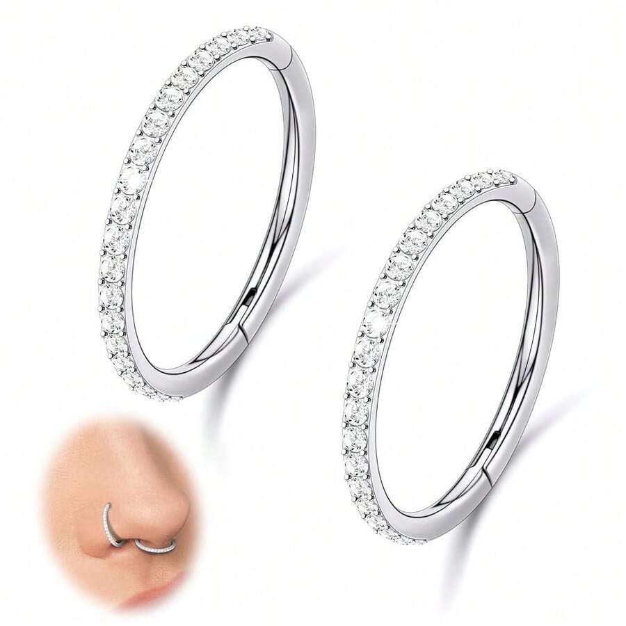 2PCS 20G 18G 16G Nose Ring Cartilage Hoop Earring Stainless Steel 4Colors Choose Hoop Earrings Hinged Summer Sparkle Septum Hoops Daith Conch Helix Tragus Piercing 6mm/7mm/8mm/9mm/10mm - Bạc - Xem 1