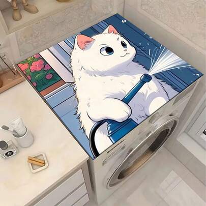 1pc Anti-Slip Laundry Room Mat, Suitable For Washing Machine/Dryer - White Cat Watering Laundry Mat, Decorative Appliance Cover For Washing Machine And Dryer Top, Laundry Room Decor