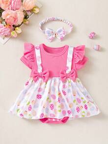 2件套女婴复活节糖果印花长袖连体衣连衣裙，配蝴蝶结发带，婴儿节日派对服装 - 彩色 - 查看 13