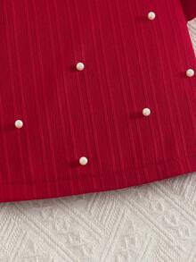 Girls' Vintage Elegant Style Round Neck Ruched Sleeve Beaded Top And Asymmetrical Hem Bowknot Beaded Skirt 2-Piece Set, Spring/Summer - Red - View 8