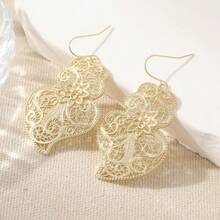 1对复古优雅镂空雕花耳环，金色心形吊坠耳环，女士优雅耳环，适合日常佩戴和聚会场合 - 金色 - 查看 8