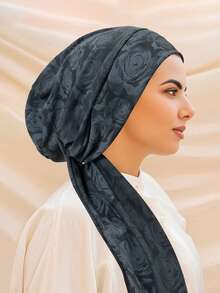 1pc Women's Vintage Rose Jacquard Muslim Headscarf Hat - Elastic Breathable Long-Tail Tie-Back Modest Cover,Multi-Color Elegant For All-Skull Coverage (Hand Washable) - For Muslim Women Daily Wear Hair Sleep Cap - Color - View 5