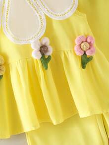 2pcs Baby Girls Vacation Dopamine Floral Ruffle Sleeveless Top And Long Pants Set, Summer - Yellow - View 5