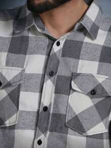 Men's Long-Sleeved Plaid Flannel Dress Shirt, Regular Fit, Buttons Down The Front, With Pocket. - 淺灰色 - 查看 3