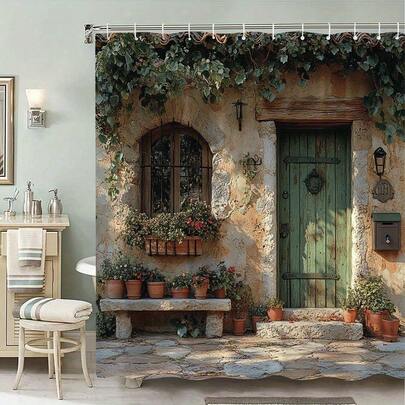 1pc Rustic Wooden Cabin Shower Curtain, Wooden Door & Potted Plants, Modern Minimalist Home Decor Shower Curtain, Fashionable Housewarming Gift, Bathroom Decor With Hooks, 70.8x70.8 Inches