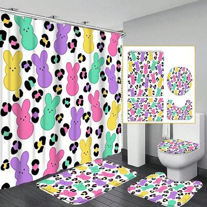 4-Piece Panda Bathroom Decor Set, Modern Style Waterproof Fabric Shower Curtain With 12 Hooks, Non-Slip Bath Mat, U-Shaped Toilet Lid Cover, Great Gift For Friends
