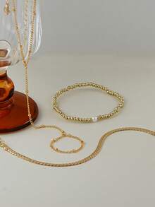 Set de 3 piezas de pulsera de cadena de dedo minimalista, cadena plana de serpiente y cuentas de CCB, adecuado para mujeres para uso diario, citas, fiestas, festivales de música y apilar - Amarillo Oro - Ver 4