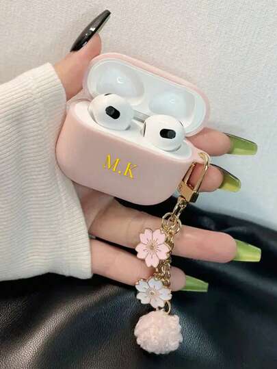 2pcs Customized Letter Name Earphone Case, Includes Small Flower Pom-Pom Hanging Chain, Solid Color Suitable For AirPods Case Pods Pro 2/3 Protective Case, For AirPods Case Pods 4th Generation Protective Case, Suitable For Wireless Earphones, Protective Shell Case, Soft Shell 2nd Generation Split Simple Protective Case, Customized Letter Name, Christmas Gift, Back To School, Valentine's Day Gift, Good Birthday Gift, Holiday Gift